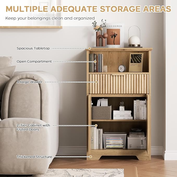 Fluted Buffet Cabinet with Storage, Modern Coffee Bar Cabinet | With Drawer & Adjustable Shelf, Wood Sideboard Cabinet for Kitchen, Bathroom, Entryway and Living Room Natural