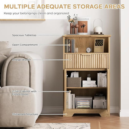Fluted Buffet Cabinet with Storage, Modern Coffee Bar Cabinet | With Drawer & Adjustable Shelf, Wood Sideboard Cabinet for Kitchen, Bathroom, Entryway and Living Room Natural