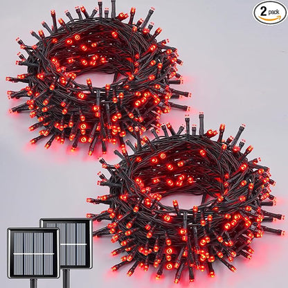 QITONG Red Solar String Lights, 2 Pack Each 66ft 200 LED Christmas Lights Outdoor Waterproof, 8 Modes Green Wire Twinkle Lights for Outside