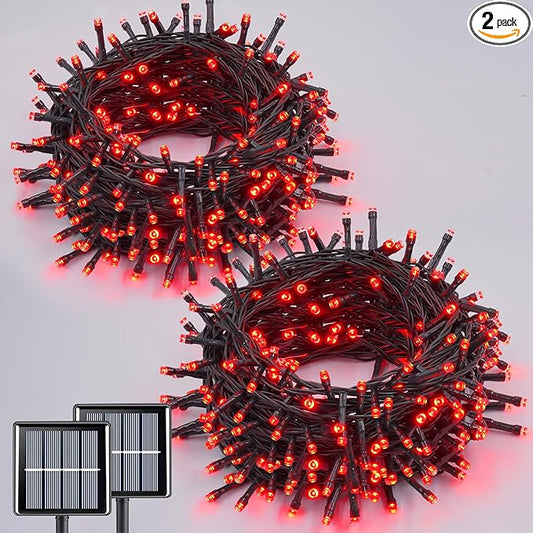 QITONG Red Solar String Lights, 2 Pack Each 66ft 200 LED Christmas Lights Outdoor Waterproof, 8 Modes Green Wire Twinkle Lights for Outside