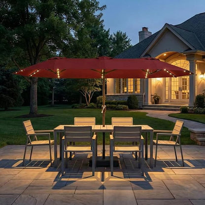 Kingdura 15ft Large Patio Umbrella with Solar Lights, Double-Sided Rectangle Outdoor Table Umbrella with Base Included, 12 Reinforced Ribs, 48 Led Lights, Crank Lift for Market Pool Deck, Dark red