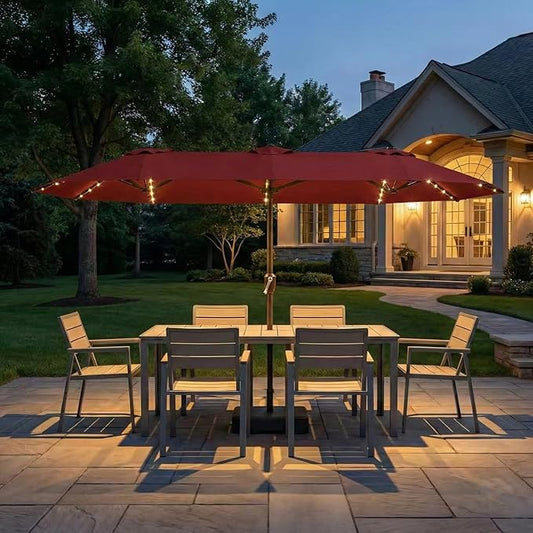 Kingdura 15ft Large Patio Umbrella with Solar Lights, Double-Sided Rectangle Outdoor Table Umbrella with Base Included, 12 Reinforced Ribs, 48 Led Lights, Crank Lift for Market Pool Deck, Dark red
