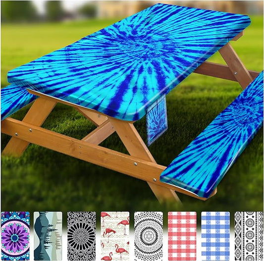 Fitted Picnic Table Cover with Bench Covers Vinyl Waterproof Elastic Edges Fitted Rectangle Tables Patio Tablecloth Camping Gear and Essentials Rv Accessories Road Trip Supplies Car Travel Must Haves