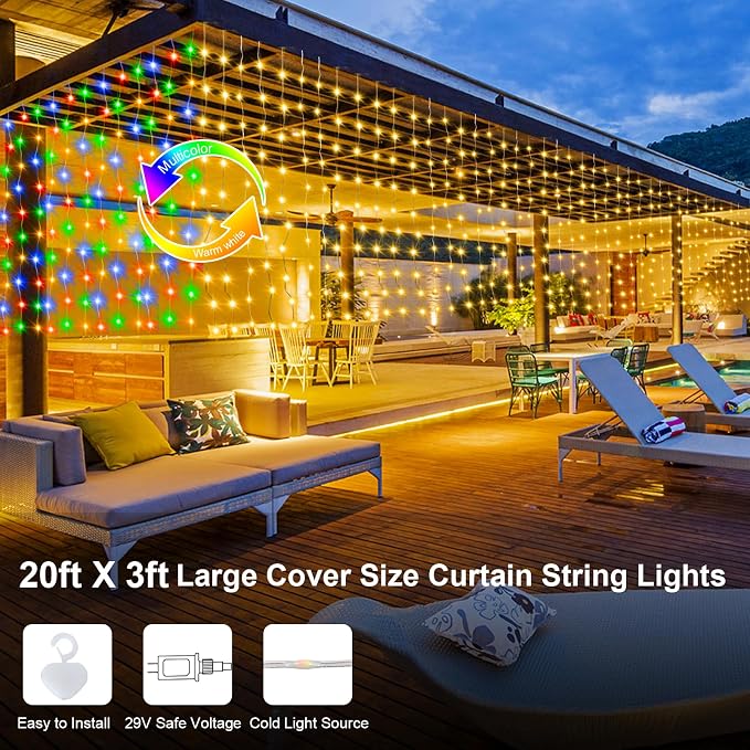 ZAIYW 20Ftx3Ft Curtain Lights Outdoor LED Fence Lights with Remote Timer | Dual Color Curtain Fairy Light Connectable Plug in Christmas Lights for Stair Fence Eaves Xmas Decor, Warm White & Multicolor