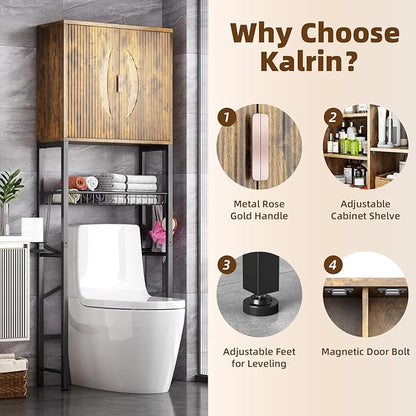 Kalrin Over The Toilet Storage Cabinet with Fluted Wave Doors and Adjustable Shelf, Wood Over Toilet Storage Rack with Drain Basket, Freestanding Bathroom Organizer for Balcony Laundry, Vintage Brown