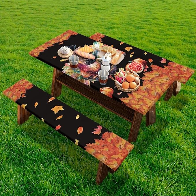 Thanksgiving 3 Piece Fitted Picnic Table Cover for Camping Party Supplies Turkey Pumpkin Maple Leaf Camping Tablecloth with Elastic Band