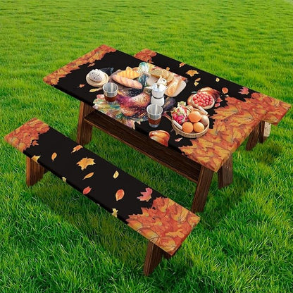 Thanksgiving 3 Piece Fitted Picnic Table Cover for Camping Party Supplies Turkey Pumpkin Maple Leaf Camping Tablecloth with Elastic Band