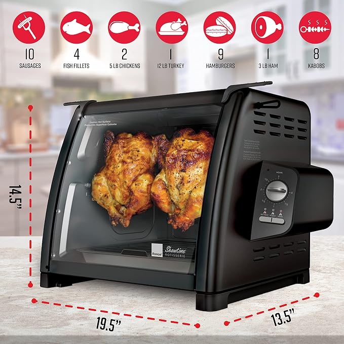 Ronco 5500 Series Countertop Rotisserie Oven, 12-lb Capacity, Black | Rotisserie chicken cooks perfectly, 3 functions - rotisserie, sear, no-heat rotation; basket included; auto shutoff