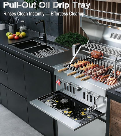 Stainless Steel Built In Grill, Large Charcoal BBQ Grills with Liftable Tray, Visible Insulated Hood & Temp Gauge, 459SQ In Cooking Grid Area for Outdoor Kitchen Cooking Family Parties (Silver)