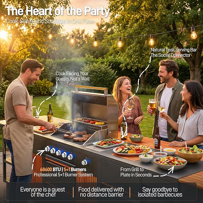 Outdoor Kitchen Island, Powder Coated Stainless Steel Cabinet, LP Grill, Sink, Fridge, Movable BBQ Station Set with Natural Teak Board for Backyard, Patio, Deck, Terrace (Grey, 3 SET)