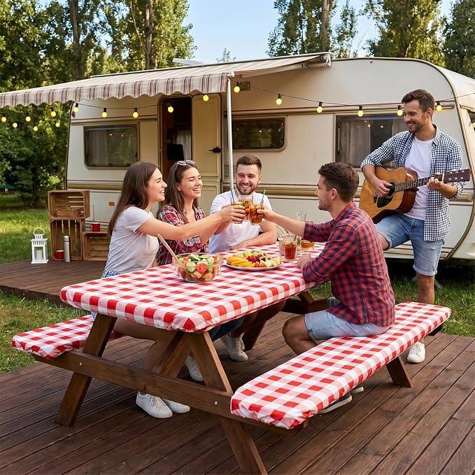 SquarePie Picnic Table Cover with Bench Covers - Waterproof Fitted Elastic Tablecloth for 6 FT Tables - Washable Polyester Camping Table Cloth for Outdoor Patio RV BBQ (Red Checkered, 30"x72")