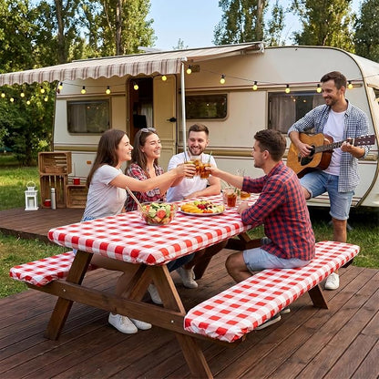 SquarePie Picnic Table Cover with Bench Covers - Waterproof Fitted Elastic Tablecloth for 6 FT Tables - Washable Polyester Camping Table Cloth for Outdoor Patio RV BBQ (Red Checkered, 30"x72")