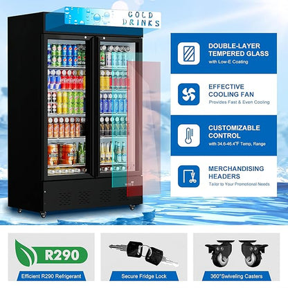 Commercial Beverage Refrigerator, 40 Cu.ft.Display Fridge Glass Door Upright Display Door with Adjustable Shelves LED Light for Restaurant,Grocery Stores,Office