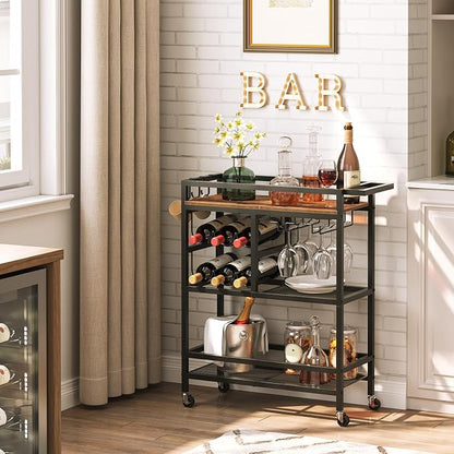 MAHANCRIS Bar Cart for Home, 3-Tier Serving Cart with Wheels and Handle, Beverage Cart with Wine Rack and Glass Holders, Rolling Wine Cart for Kitchen, Dining Room, Rustic Brown RCHR6101