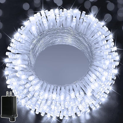 Ollny Christmas Lights 200LED 60FT Indoor, Cool White Connectable Plug in String Light Outdoor, 8 Modes Waterproof Timer LED Fairy Lights for House Outside Bedroom Patio Balcony