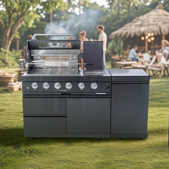 65-Inch Outdoor Kitchen Bar Island Grill with 4-Burner Gas, 72,000 BTU Stainless Steel Gas Outdoor Grill Island Round Side Burner, Rotisserie Kit, Granite Countertops, For Backyard BBQ, Black