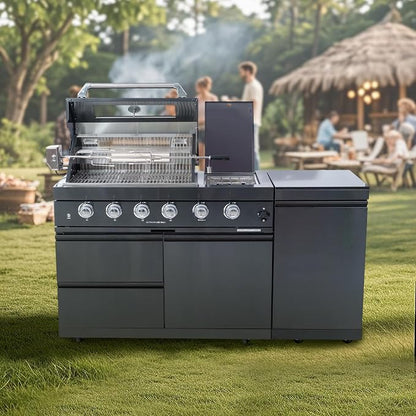 65-Inch Outdoor Kitchen Bar Island Grill with 4-Burner Gas, 72,000 BTU Stainless Steel Gas Outdoor Grill Island Round Side Burner, Rotisserie Kit, Granite Countertops, For Backyard BBQ, Black
