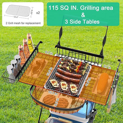 NADAMOO Foldable Charcoal Grill Cart with Rolling Wheels & Storage, Instant Fold Portable BBQ Trolley for Outdoor Barbecue, Travel, Camping, Picnics, Party, Backyard