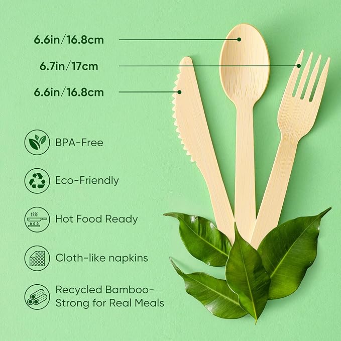 Napkin and Bamboo Cutlery Set, Compostable Utensils Disposable Cutlery for Party, Wedding, BBQ, Camping, Events-50 Pack (Forks, Knives, Spoons, Rolled Napkins)