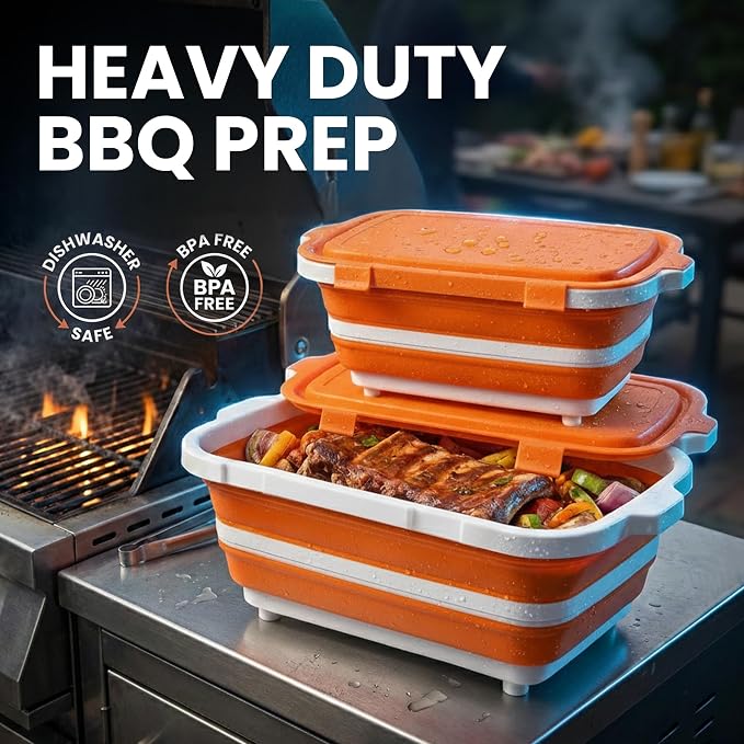 BBQ Prep Tub 2 Pack (8L+16L) - Multifunctional Collapsible Camping Cutting Board with Upgraded Locking Lid, Meal Prep Meat Storage Container Perfect for Grilling, Outdoor (Large + XL)