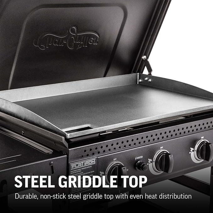 Char-Griller® Flat Iron 2-Burner Propane Gas Flat-Top Griddle with Steel Griddle Top, Wind Guards and Removable Lid, 520 Cooking Square Inches in Black, Model 8128