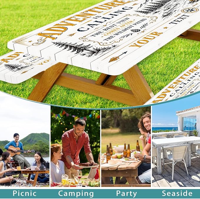 Forest Mountain Sun Wooden Picnic Table Cover with Bench Covers and Bag | Elastic Edges Camper Fitted Table Cover, 96 Inch 3 PCS Outdoor Patio Camping Essentials, Waterproof Camping Fitted Tablecloth