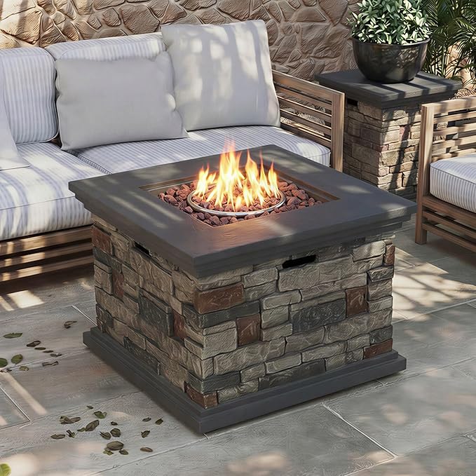 32'' Propane Fire Pit Table, 40,000 BTU Outdoor Square Gas Firepit with Auto-Ignition, Waterproof Cover, Lava Rock for Patio Deck, Imitation Stone Concrete, CSA Certified, Gray