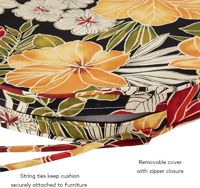 Set of 2 Outdoor 18 inch Round Patio Dining Chair Pads – Comfortable Fiber-Filled Seat Cushions with Ties, Reversible Polyester Fabric - Aloha Black Floral