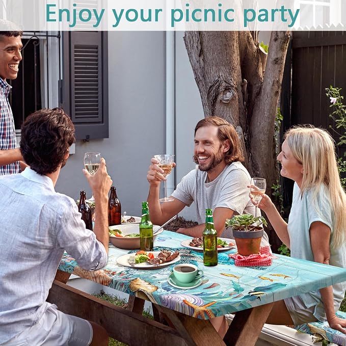 Ocean Sea Turtles Picnic Table Cover with Bench Covers and Bag, Camping Essentials, Waterproof Windproof, Fitted Tablecloth Cover with Elastic Edge, for Indoor & Outdoor, Garden, 3 PCS, 30x72 Inch