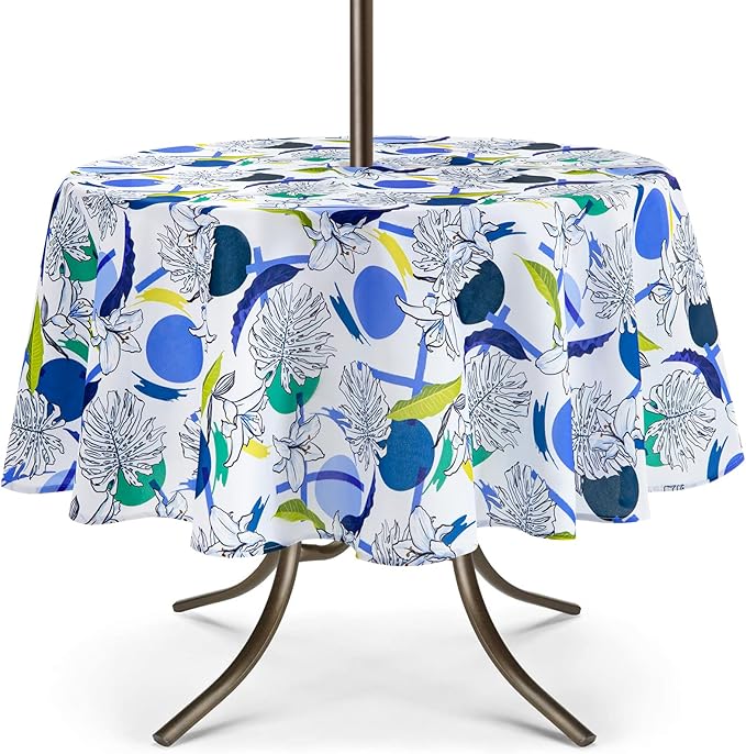 UMINEUX 60" Outdoor Round Tablecloth with Umbrella Hole and Zipper | Spring/Summer Waterproof Round Patio Table Cover for Picnic/BBQ/Garden, Lily Flower