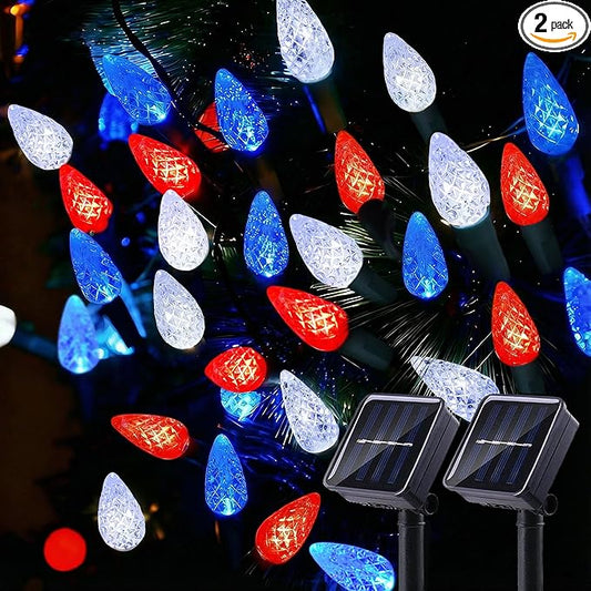 2 Pack C6 Strawberry String Lights, 50 LED Red White Blue Solar Powered Waterproof 8 Modes Outdoor Garden Patriotic Lights for 4th of July Decor