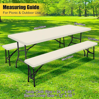 Smiry Picnic Table Cover with Bench Covers, Waterproof Elastic Fitted Polyester Tablecloths for 4 Ft Rectangle Tables, Washable Windproof Tablecloth for Camping, RV & Outdoor (Beige, 24x48 Inches)