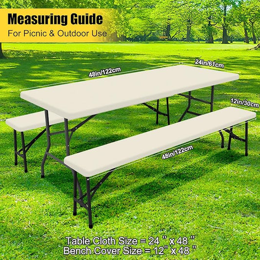 Smiry Picnic Table Cover with Bench Covers, Waterproof Elastic Fitted Polyester Tablecloths for 4 Ft Rectangle Tables, Washable Windproof Tablecloth for Camping, RV & Outdoor (Beige, 24x48 Inches)