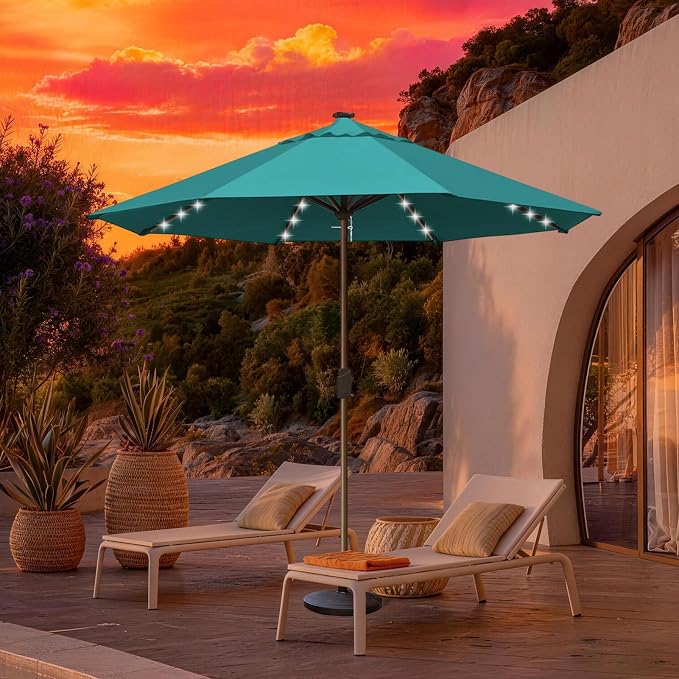 EliteShade USA 10-Year-Non-Fading 10ft Market Patio Umbrella, Commercial Grade Table Sun Umbrella with 80 Solar LED Lights, Crank Open, Windproof & UPF 50+ UV Protection for Garden, Deck, Pool, Backyard, No Tilt, Teal