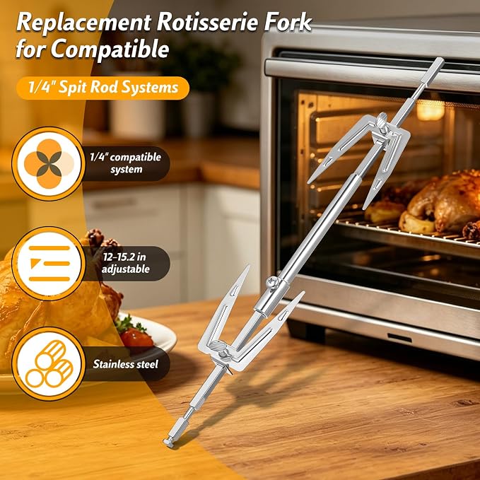 Abaodam Air Fryer Rotisserie Spit Rod 12~15” Adjustable Rotisserie Fork Stainless Steel Replacement Meat Fork or Toaster Oven Air Fryer Accessories