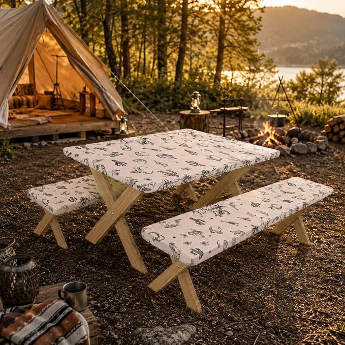 Cinrobiye 3PCS Western Cowboy Picnic Table Cover Set with Bench Covers Fitted Waterproof Rodeo Tablecloth Windproof Elastic Outdoor Camping Picnic Table Cover Rustic Western Party Decor 72 x 30 Inch