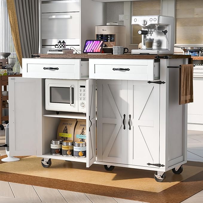 53.5''Farmhouse Kitchen Island with Power Outlet,Storage Cart W/Drop Leaf/Spice Rack/Drawer,Rolling KitchenCart on Wheels,for Home,Dining Room,White