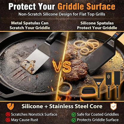 Utheer Griddle Kit, 17" x 13" Pre-Seasoned Cast Iron Flat Top Griddle with Scratch-Free Tools, Universal Grill Griddle for Gas & Charcoal Grills, Camping, Tailgating and BBQ