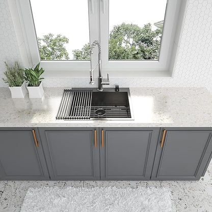 28x22 Drop In Kitchen Sink Black 16 Gauge Stainless Steel Single Bowl Drop Kitchen Sinks Nano PVD Gunmetal Black Handmade Large Deep Topmount Sinks, 28x22x9 Inch