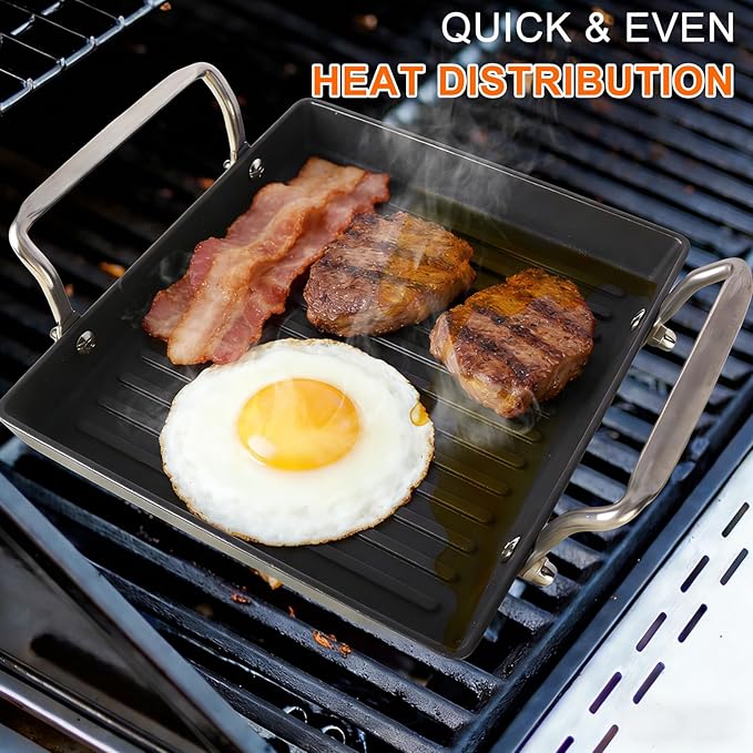 8.6 Inch Stove Top Cast Iron Grill Pan, Medium Pre-Seasoned Ribbed Skillet with Stainless Steel Handle, Square Grill Pan for Gas Grill, Camping, BBQ, One Burner Cookware