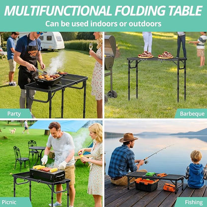 VINTEAM Folding Grill Table with Mesh Top, 3 Adjustable Heights, Lightweight Portable Camping Table, Black Aluminum Alloy BBQ Picnic Table for Outdoor Cooking, Tailgating, Beach, RV & Backyard