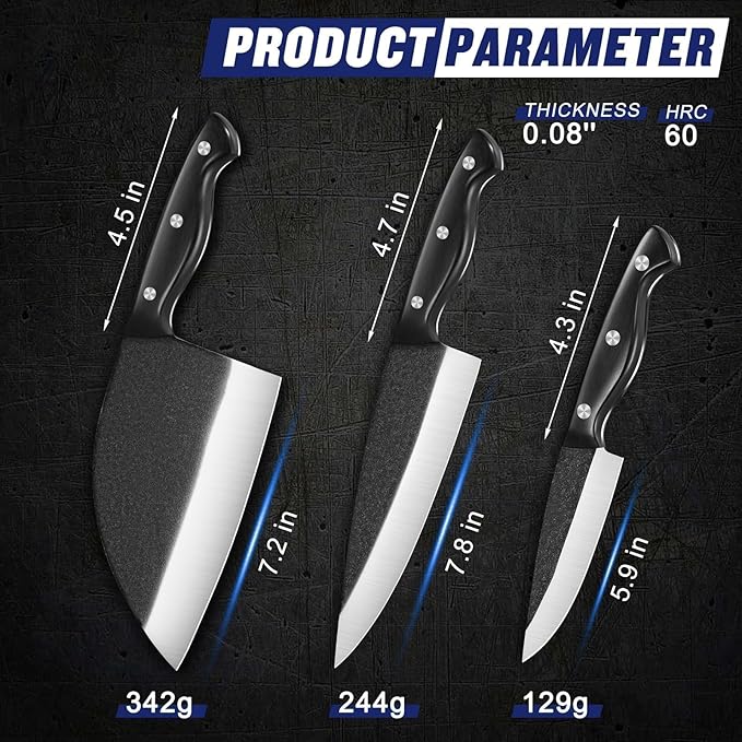 SSGP Butcher Knife Set of 3- Japanese Knife Set for Meat Cutting, Hand Forged Viking Knives Sets with Meat Cleaver, Heavy-Duty Kitchen Knives Sets for Bone BBQ Vegetable, Gifts for Men