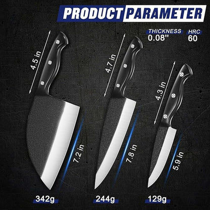 SSGP Butcher Knife Set of 3- Japanese Knife Set for Meat Cutting, Hand Forged Viking Knives Sets with Meat Cleaver, Heavy-Duty Kitchen Knives Sets for Bone BBQ Vegetable, Gifts for Men