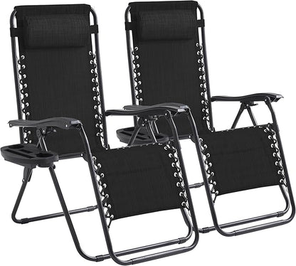 Zero Gravity Chair Set of 2 Oversized Folding Recliner, Padded Anti Gravity Lounge Chair with Adjustable Pillow & Cup Holder for Outdoor Camping, Patio, Poolside, Lawn (Black)