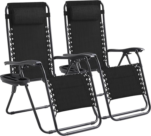 Zero Gravity Chair Set of 2 Oversized Folding Recliner, Padded Anti Gravity Lounge Chair with Adjustable Pillow & Cup Holder for Outdoor Camping, Patio, Poolside, Lawn (Black)