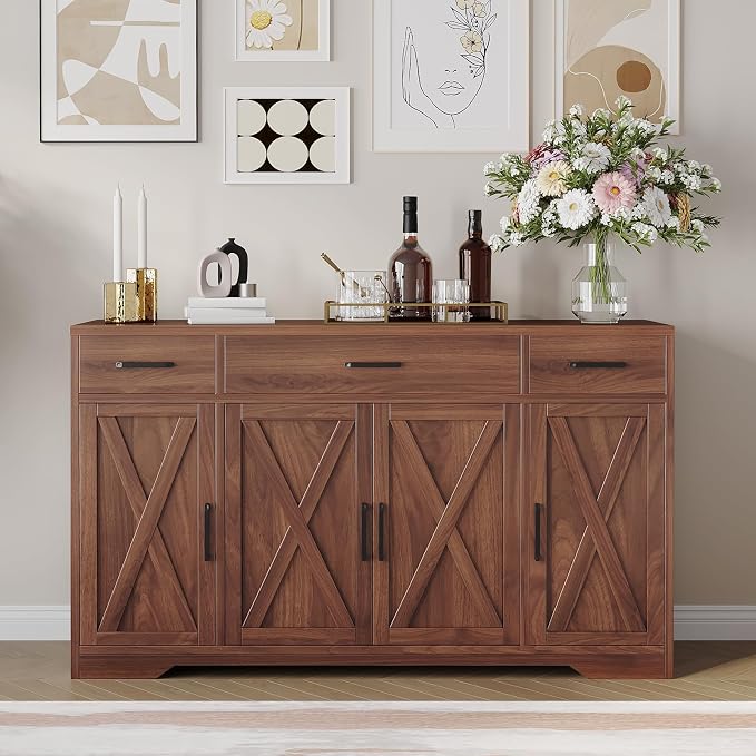 Garvee 55" Large Buffet Sideboard Cabinet, Coffee Bar Cabinet Buffet Table | Buffet Cabinet with Storage 4 Doors and 3 Drawers Kitchen Storage Cabinet for Dining Room, Living Room, Adjustable Shelf