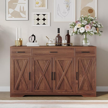 Garvee 55" Large Buffet Sideboard Cabinet, Coffee Bar Cabinet Buffet Table | Buffet Cabinet with Storage 4 Doors and 3 Drawers Kitchen Storage Cabinet for Dining Room, Living Room, Adjustable Shelf