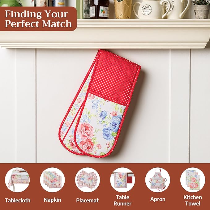 Maison d' Hermine Double Oven Mitts 100% Cotton 7"x35" Double Oven Mitt Heat Resistant BBQ Cooking Gloves with Loop Baking Grilling Kitchen Hotel Home Farmhouse Spring Summer (Vintage Floral)