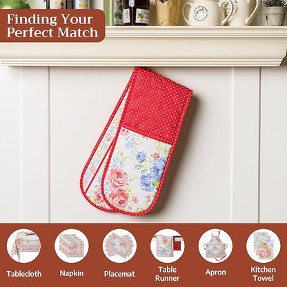 Maison d' Hermine Double Oven Mitts 100% Cotton 7"x35" Double Oven Mitt Heat Resistant BBQ Cooking Gloves with Loop Baking Grilling Kitchen Hotel Home Farmhouse Spring Summer (Vintage Floral)
