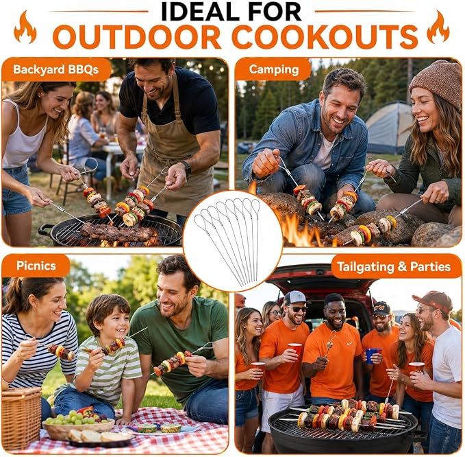 Flexible BBQ Skewers, 29 Inch 304 Stainless Steel Cable, 8 Pack for Grills | Reusable Kabob Skewers Hold Meat and Veggies for Grilling; Ideal for Backyard BBQs, Camping, Picnics, Tailgating and Parties